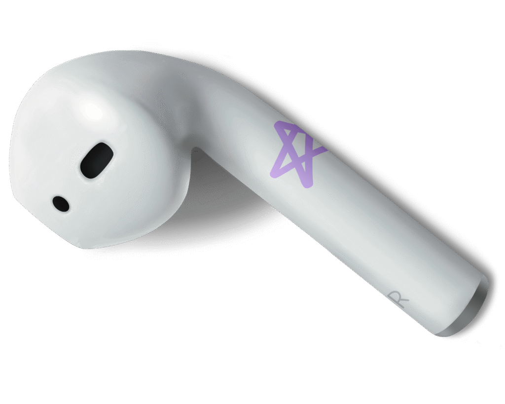 A decorative image of a white earbud with a purple star, drawn on the long part.