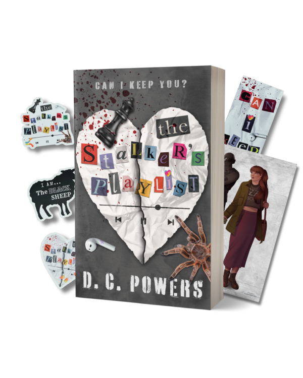 The Stalker's Playlist book bundle with three stickers, bookmark, and 5x7 character art