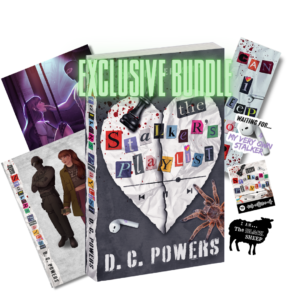 Exclusive Bundle Package features the book, "The Stalker's Playlist" two cardstock- colored character prints & three random stickers, with a bookmark.