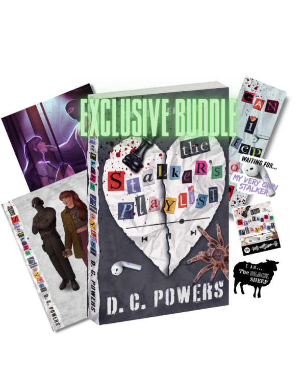 Exclusive Bundle Package features the book, "The Stalker's Playlist" two cardstock- colored character prints & three random stickers, with a bookmark.