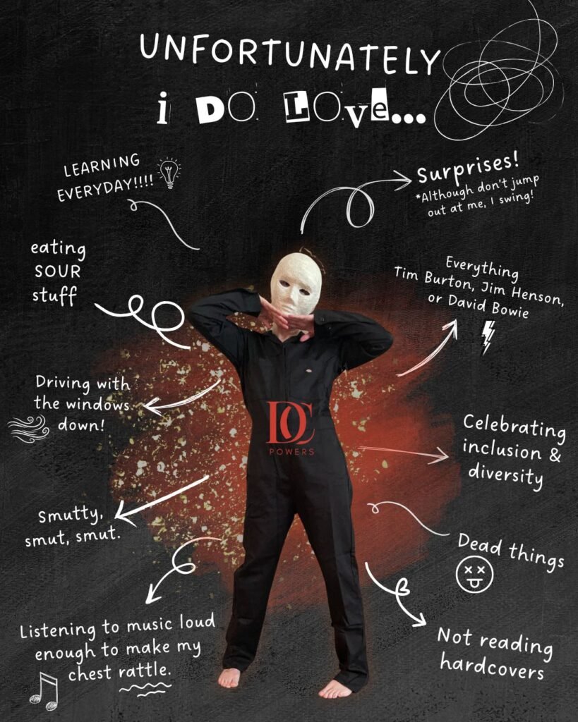 This is an image of the author in a white mask and black coveralls.  The title above the author reads: "Unfortunately I do love..." Words with arrows surround the author, describing what they love. "Learning Everyday!!!!" & "Eating sour stuff" & "Driving with the windows down!" & "smutty, smut, smut" & Listening to music loud enough to make my chest rattle." & "Surprises!" *although don't jump out at me, I swing! & "Everything Tim Burton, Jim Henson, or David Bowie." & "Celebrating inclusion & diversity" & "dead things" & "not reading hardcovers"