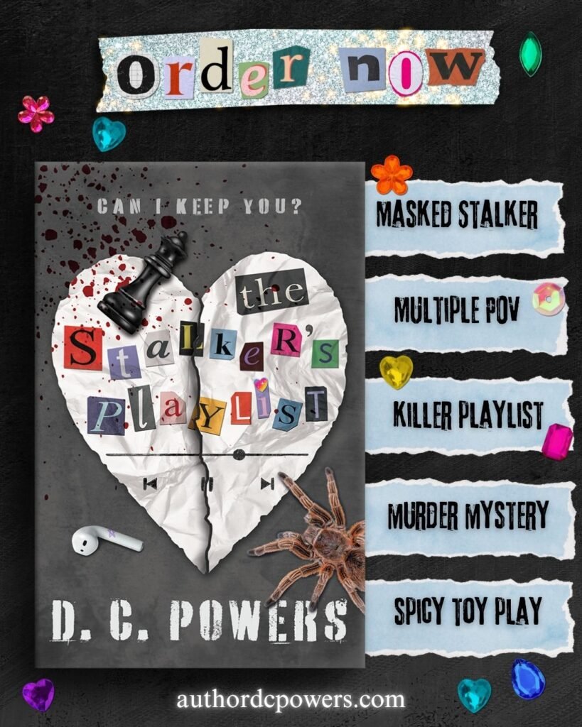 This is a picture of the cover of the dark romance book- "The Stalker's Playlist." Across the top, cut out letters form the words: "Order now." The cover of the book is grey. The title: "The Stalker's Playlist" is made up of cut out letters from a magazine. A white paper heart is just behind the title, with a black queen chess piece, white earbud, and brown tarantula are scattered around the cover. At the top of the book the words: "Can I keep you?" are written across a blood sprayed cover. The topes are listed on little scraps of paper (next to the cover), including: Masked Stalker, Multiple POV, Killer Playlist, Murder Mystery, and Spicy Toy Play. The website "authordcpowers.com" is written along the bottom. Small colored gems are scattered around the image.