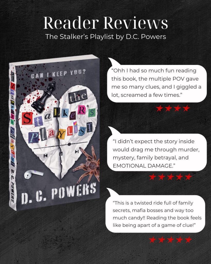 The top reads: Reader Reviews. The Stalker's Playlist by DC Powers. This is a picture of the cover of the dark romance book- "The Stalker's Playlist." Across the top, cut out letters form the words: "Order now." The cover of the book is grey. The title: "The Stalker's Playlist" is made up of cut out letters from a magazine. A white paper heart is just behind the title, with a black queen chess piece, white earbud, and brown tarantula are scattered around the cover. At the top of the book the words: "Can I keep you?" are written across a blood sprayed cover. The spine of the color is colorful reading: The Stalker's Playlist. The reviews are each written inside a word bubble. The first one reads: "Ohh I had so much fun reading this book, the multiple POV gave me so many clues, and I giggled a lot, screamed a few times." Four red stars rate the review beneath. The next word bubble reads: "I didn't expect the story inside would drag me through murder, mystery, family betrayal, and EMOTIONAL DAMAGE." Five red stars are beneath the second review. The final word bubble reads: "This is a twisted ride full of family secrets, mafia bosses and way too much candy!! Reading the book feels like being apart of a game of clue!" Five red stars rate the book beneath the review.