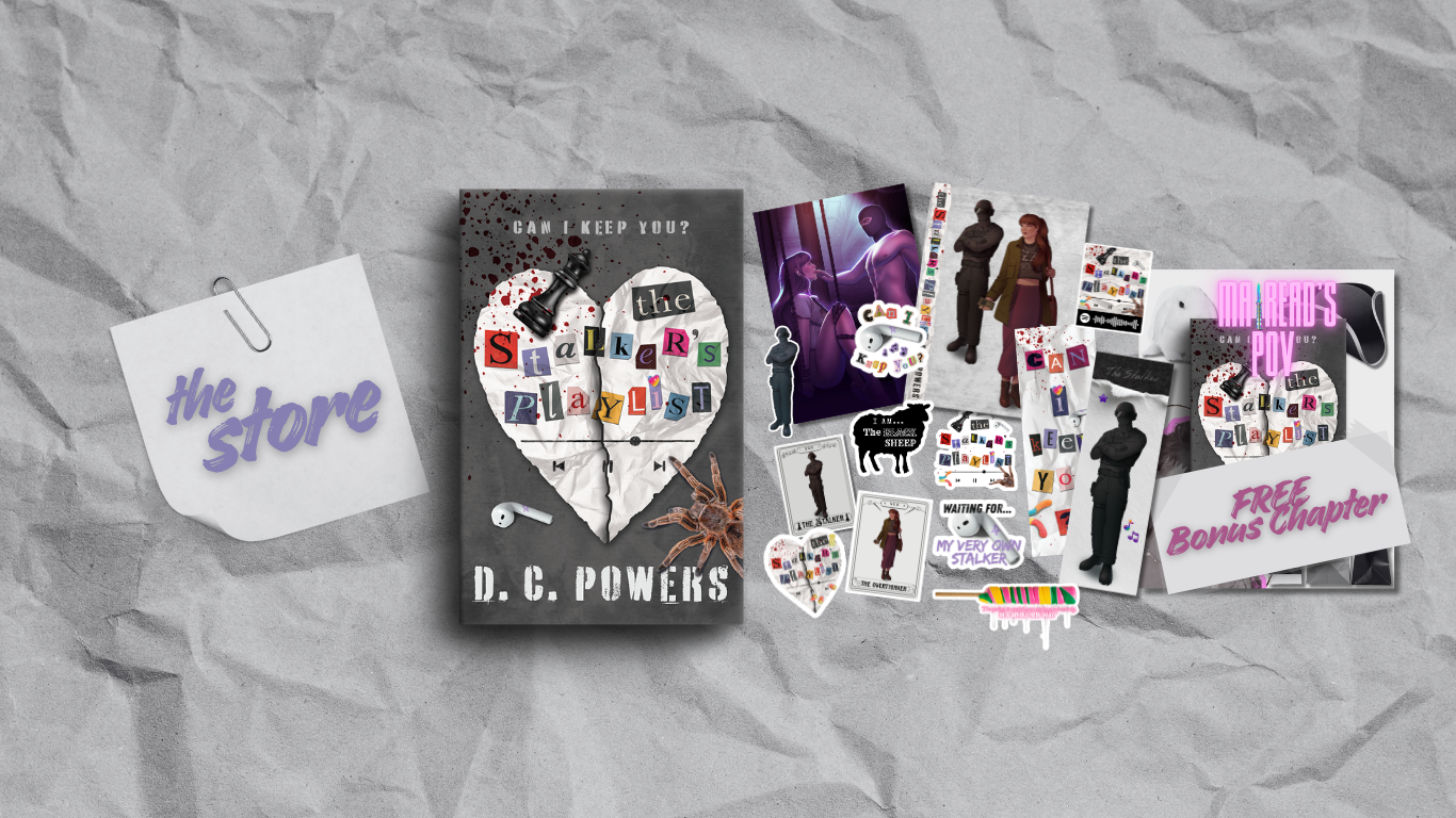 The Stalker's Playlist shop has signed books plus book bundles available! Including two character art prints, stickers, and bookmarks. You can also download the bonus chapter for free!!